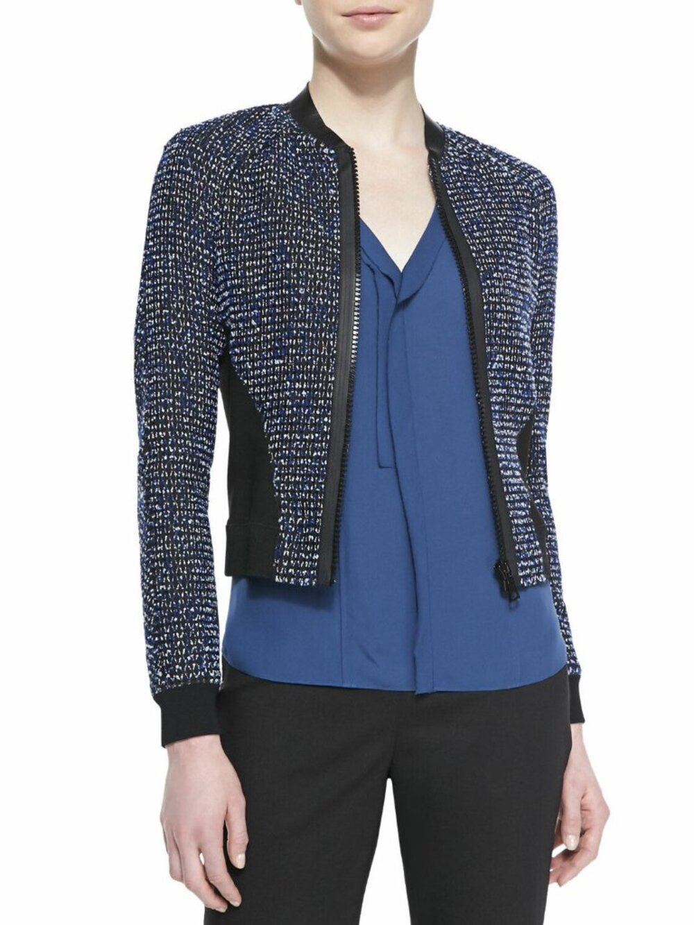 Elie Tahari Tweed Crop Bomber Style Blazer Jacket Blue Black Large #A4234
